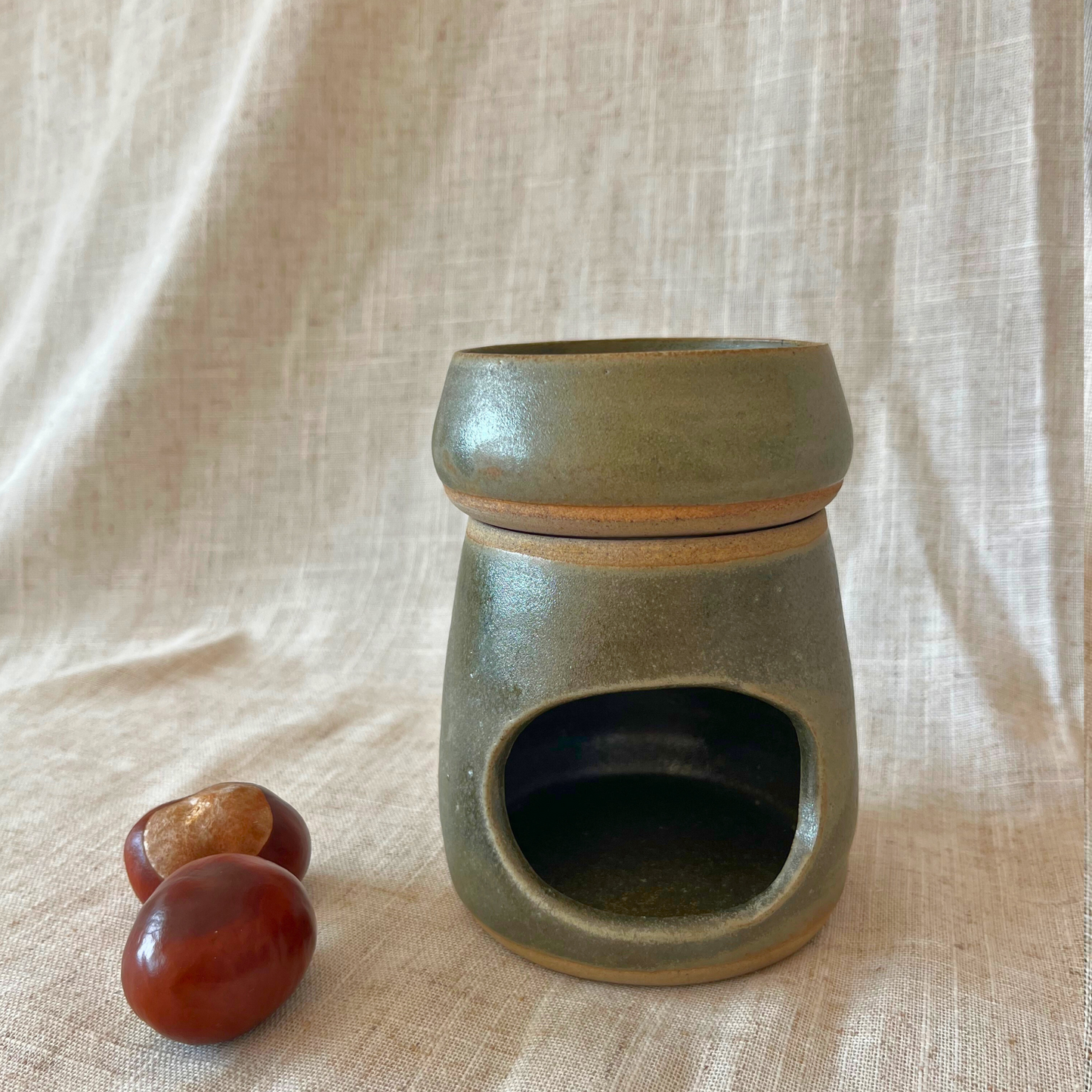 Handmade ceramic wax burner, green ceramic oil burner, essential oil burner, unique Christmas gift, UK made