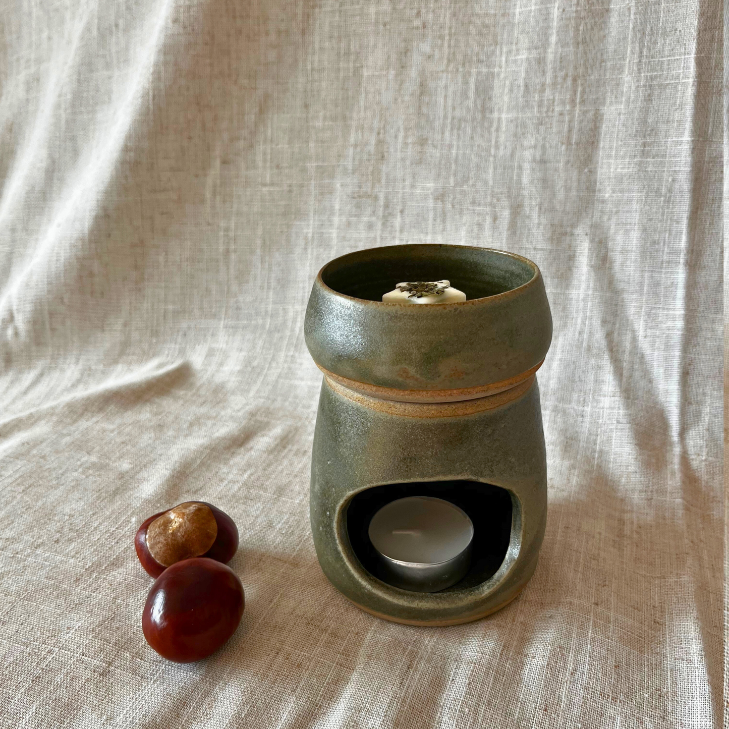 Handmade ceramic wax burner, green ceramic oil burner, essential oil burner, unique Christmas gift, UK made