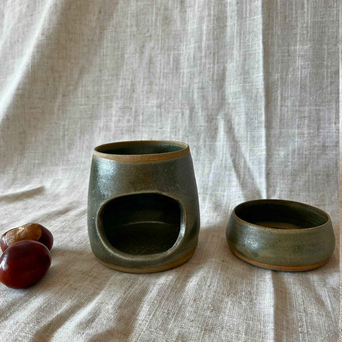 Handmade ceramic wax burner, green ceramic oil burner, essential oil burner, unique Christmas gift, UK made