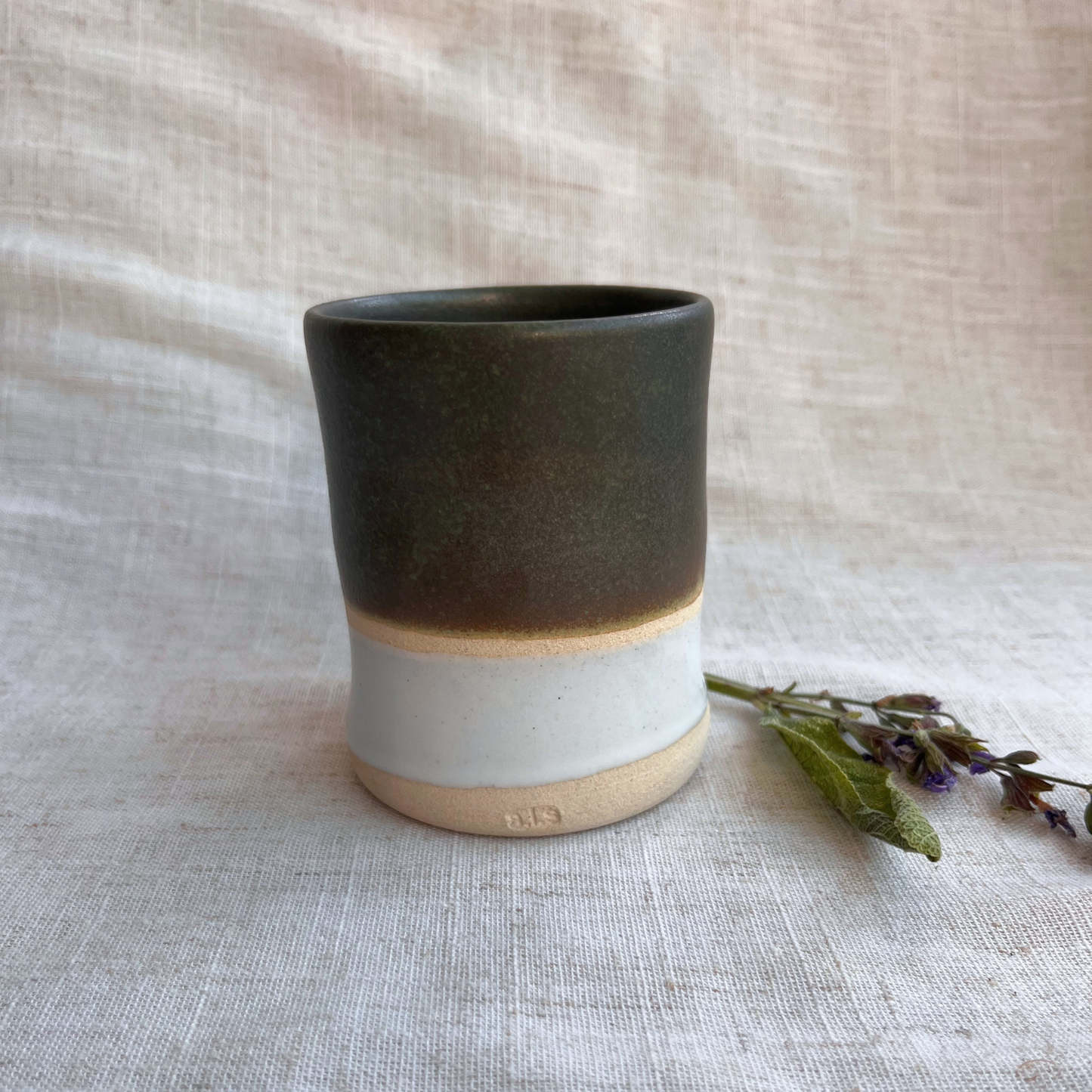 Forest Handmade Ceramic Thumb Cup Green & White