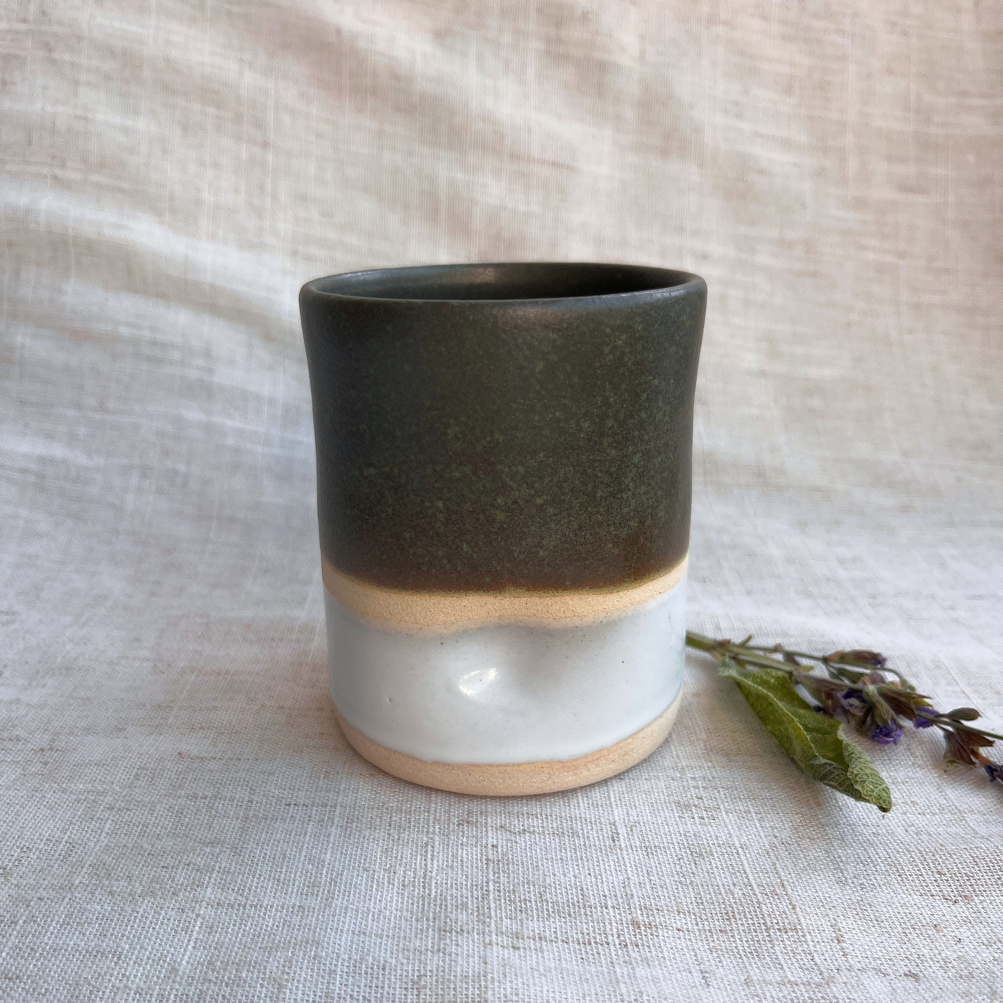 Forest Handmade Ceramic Thumb Cup Green & White
