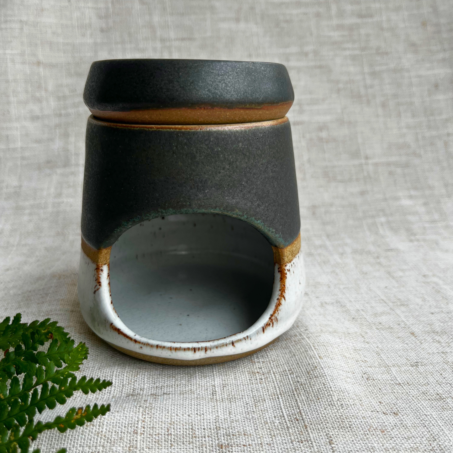 Handmade Ceramic Wax Burner, Green and White Glaze