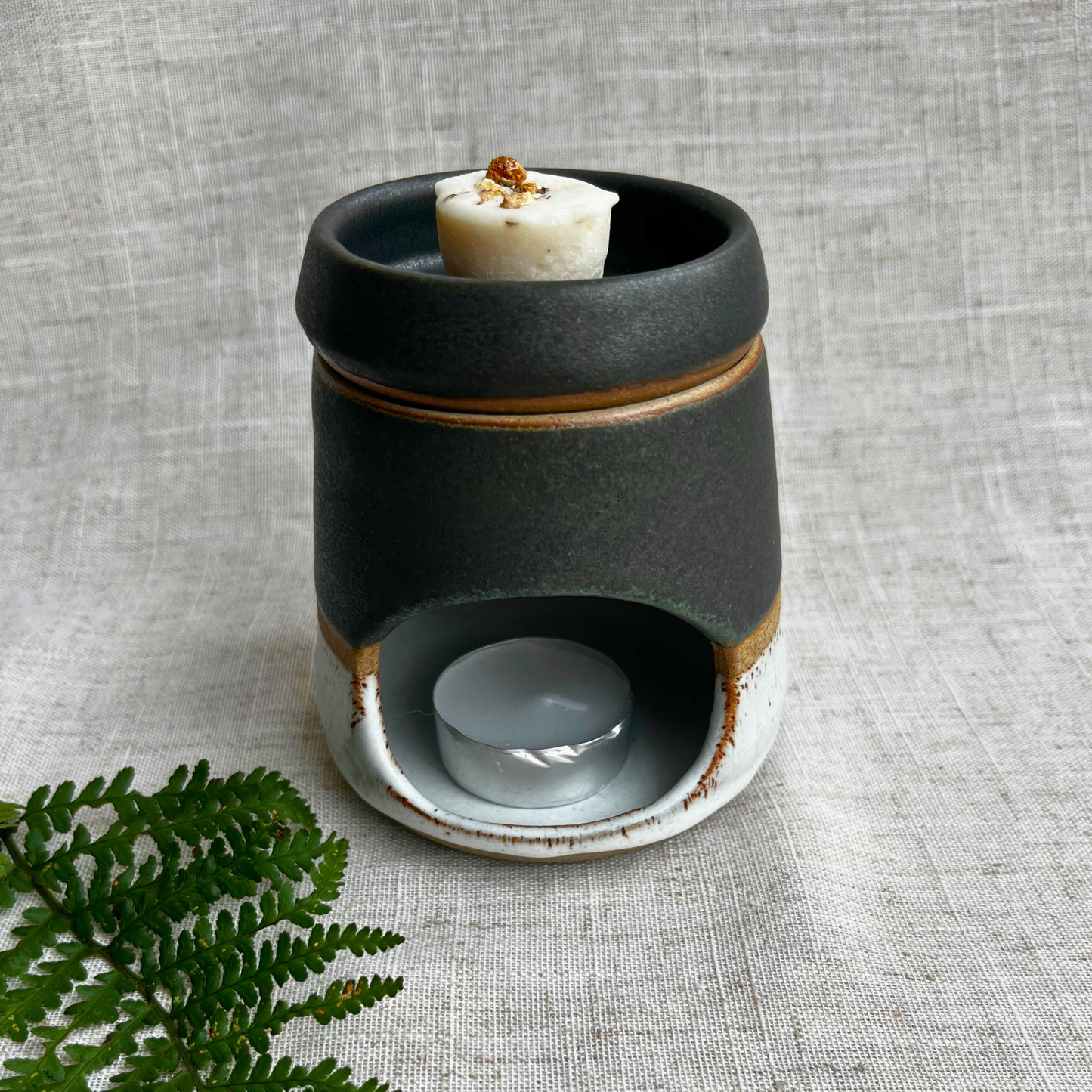 Handmade Ceramic Wax Burner, Green and White Glaze