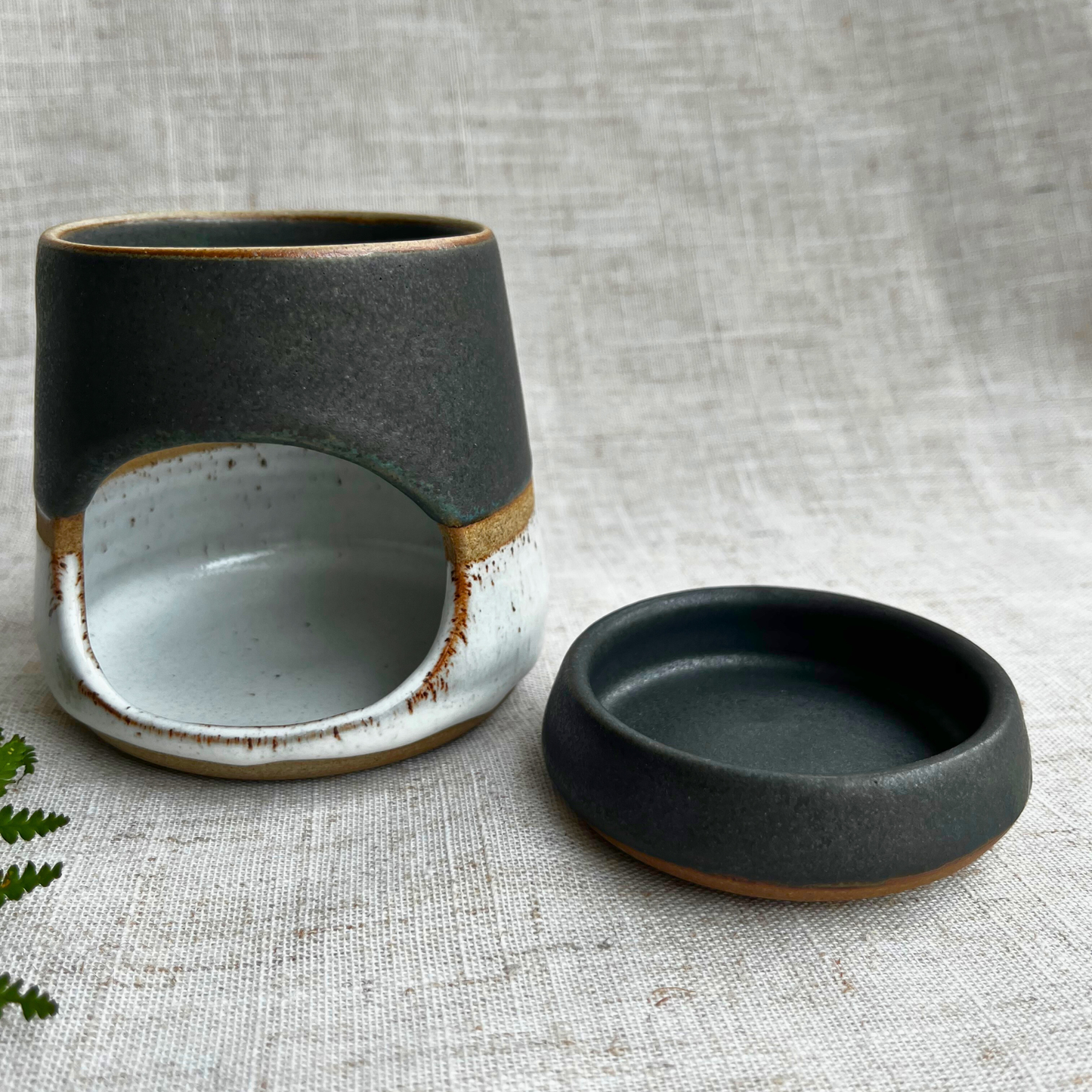 Handmade Ceramic Wax Burner, Green and White Glaze