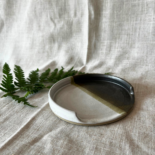 Handmade Ceramic Spoon Rest, Ceramic utensil rest, Green & White spoon rest, UK made