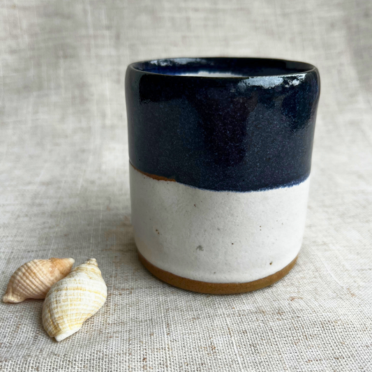 Handmade Cortado coffee cup with dimple, Blue and White Glaze