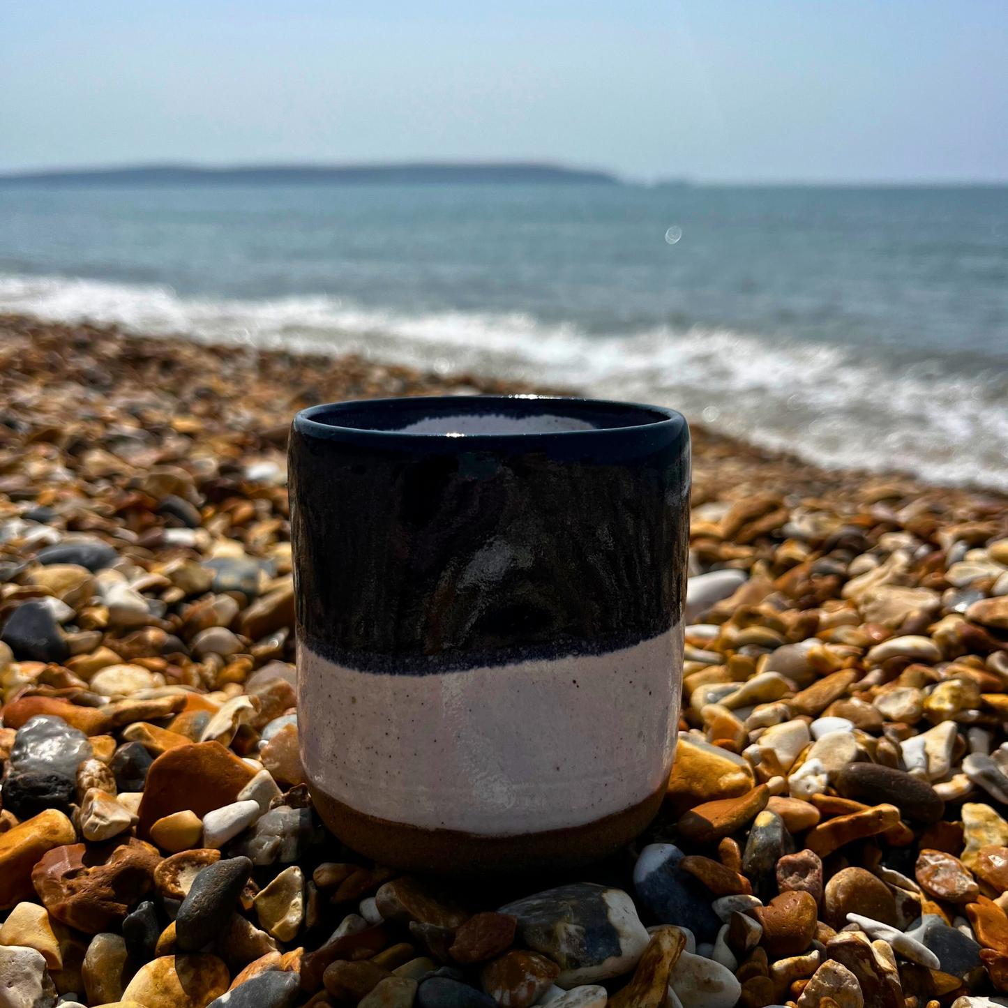 Handmade Cortado coffee cup with dimple, Blue and White Glaze
