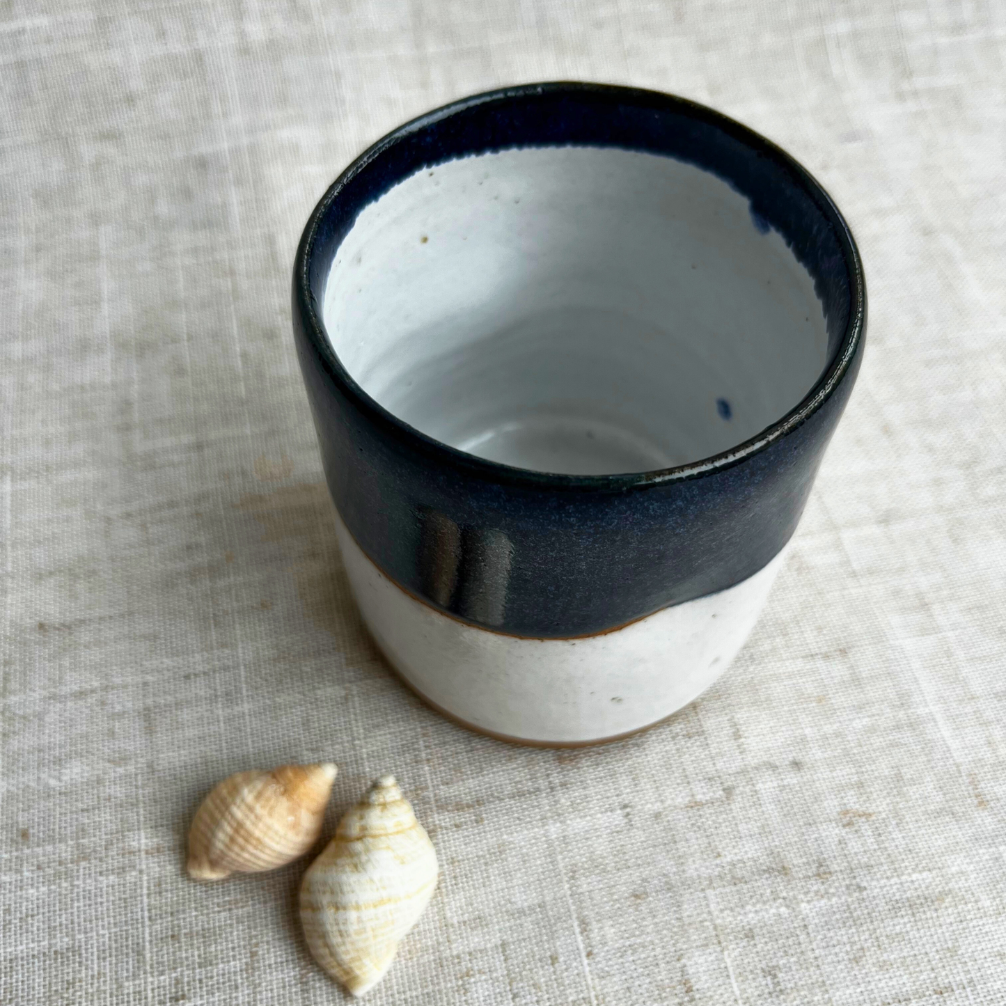 Handmade Cortado coffee cup with dimple, Blue and White Glaze
