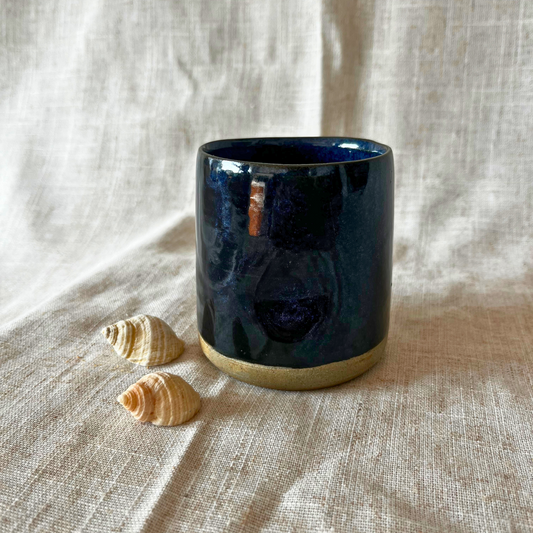 Handmade Cortado coffee cup with dimple, Navy Blue Glaze