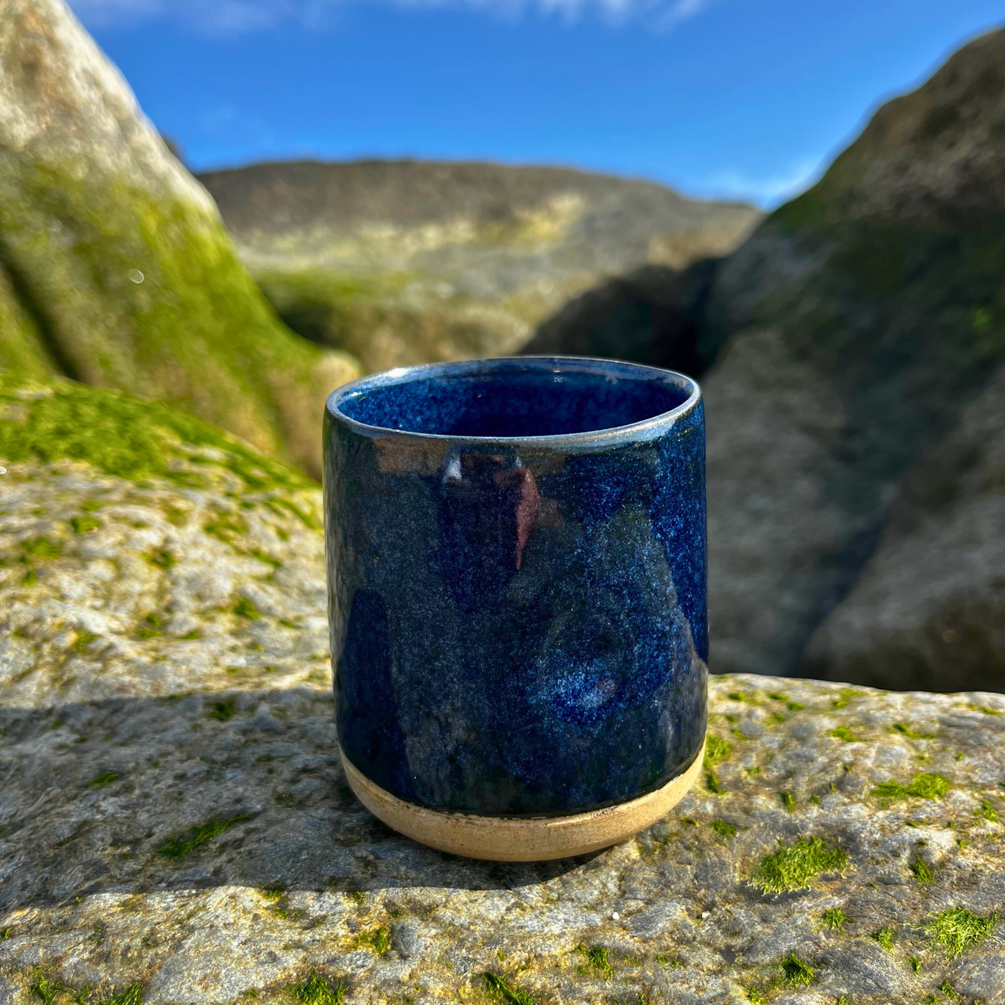 Handmade Cortado coffee cup with dimple, Navy Blue Glaze
