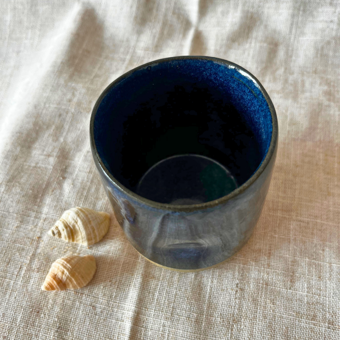 Handmade Cortado coffee cup with dimple, Navy Blue Glaze