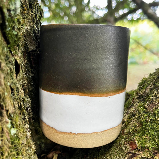Handmade cortado coffee cup with dimple, green and white Pinch cup, Matcha cup, espresso coffee cup, Made in the UK