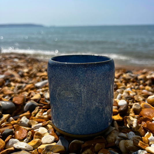 Handmade cortado coffee cup with dimple, blue Pinch cup, Matcha cup, espresso coffee cup, Made in the UK