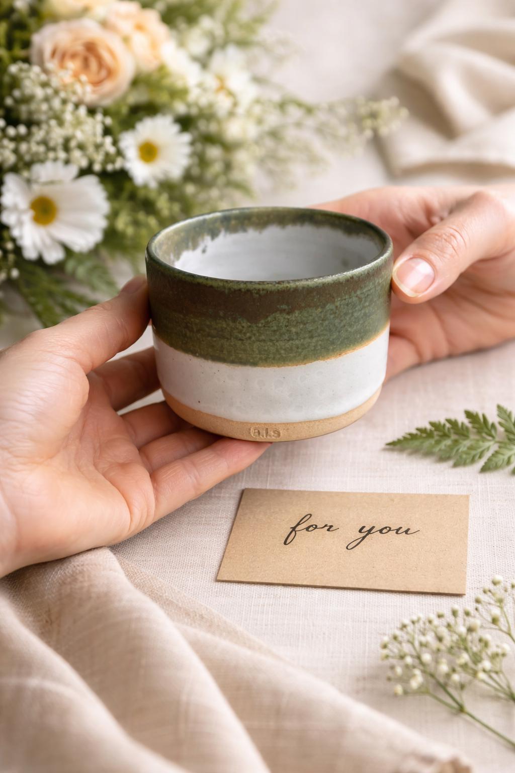 Stoneware Ceramic Tumbler | 6oz Latte Cappuccino Cup | Handmade Green Ceramic Cup | Handleless Stoneware Coffee Mug | Unique British Gift