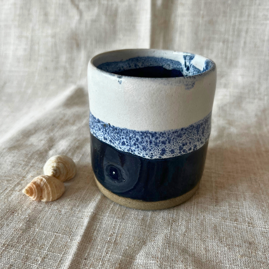 Handmade Cortado Coffee Cup with dimple, Blue and White Glaze