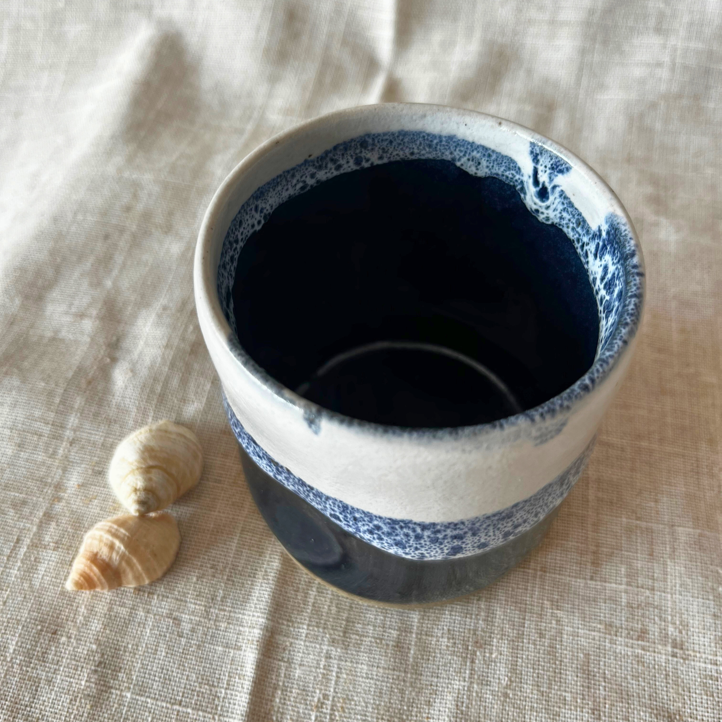 Handmade Cortado Coffee Cup with dimple, Blue and White Glaze