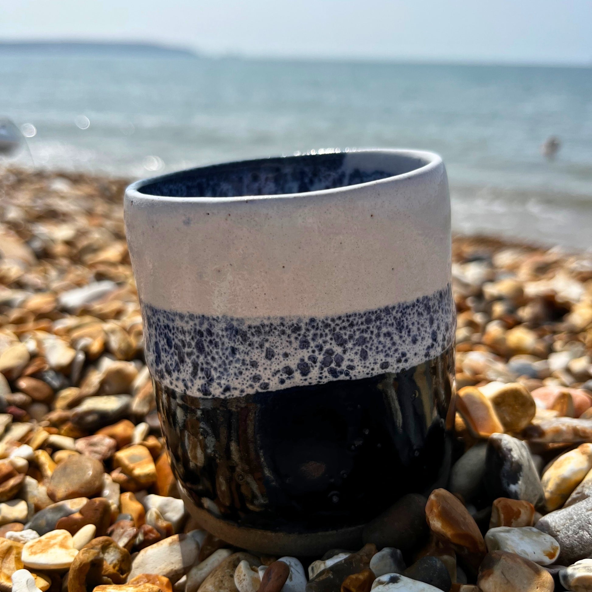 Handmade cortado coffee cup with dimple, blue and white Pinch cup, Matcha cup, espresso coffee cup, Made in the UK