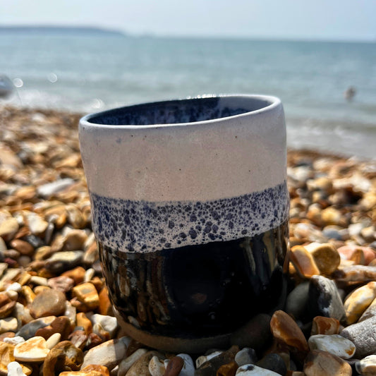 Handmade cortado coffee cup with dimple, blue and white Pinch cup, Matcha cup, espresso coffee cup, Made in the UK